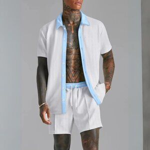 Men's White w/ Light Blue Contrast Collared Short Sleeve Top & Shorts Outfit